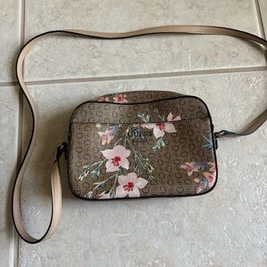 Guess Floral Logo Crossbody Bag in Brown and Pink